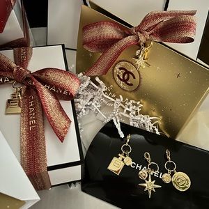 CHANEL CC Charm Set-Moon,Star,Perfume Bottle Charm&Gold Origami Bag,Bow&Camellia